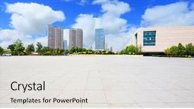  Presentation with columns ancient roman road city - Colorful PPT theme enhanced with modern city with empty road backdrop and a sky blue colored foreground