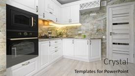  Presentation with kitchen furniture - PPT layouts with modern-classic-luxury-white-kitchen background and a light gray colored foreground