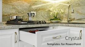  Presentation with kitchen furniture - Presentation theme having modern-classic-luxury-white-kitchen background and a light gray colored foreground