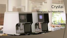  Presentation with coffee powder in machine - Beautiful PPT theme featuring modern coffee machine in cafe backdrop and a soft green colored foreground