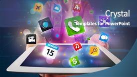  Presentation with lady - Presentation design having modern colorful apps and icon background and a ocean colored foreground