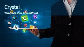  Presentation with kidney transplant holding a model - Theme enhanced with modern colorful apps and icons background and a ocean colored foreground