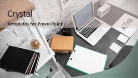  Presentation with workplace - Cool new presentation theme with modern comfortable workplace with laptop backdrop and a soft green colored foreground
