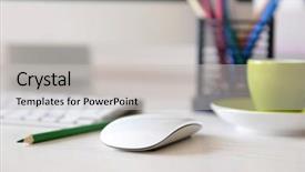  Presentation with computer room - PPT theme enhanced with modern computer on the table in decorated room background and a light gray colored foreground