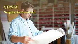  Presentation with craftsman - Colorful presentation design enhanced with modern craftsman in casualwear and eyeglasses looking at sketch in blueprint during work backdrop and a tawny brown colored foreground