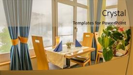  Presentation with dining restaurant - Cool new PPT layouts with modern dining room in luxury restaurant with fantastic swiss alps mountain view backdrop and a coral colored foreground
