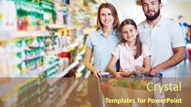  Presentation with modern food - Colorful PPT layouts enhanced with modern family looking at camera while buying food in supermarket backdrop and a coral colored foreground