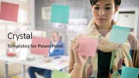  Presentation with modern color - PPT theme consisting of modern female draw on color memo sticker in office background and a lemonade colored foreground