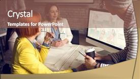  Presentation with working together - Beautiful PPT layouts featuring modern female graphics designers work backdrop and a violet colored foreground