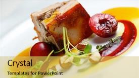  Presentation with white plate - PPT layouts enhanced with modern food - piglet with cherries background and a yellow colored foreground