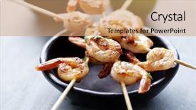  Presentation with wedges - Theme featuring modern food - skewers with grilled prawns background and a coral colored foreground