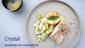  Presentation with top view of fresh fish - Presentation design having roast potatoes as top view background and a sky blue colored foreground