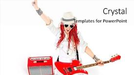  Presentation with electric guitar - PPT theme enhanced with modern girl rock musician is playing the electric guitar isolated over white background and a white colored foreground