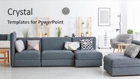  Presentation with living room - Audience pleasing PPT theme consisting of modern grey sofa with different backdrop and a sky blue colored foreground