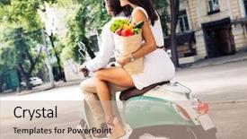  Presentation with grocery bag - Presentation theme with modern grocery - happy young couple riding background and a soft green colored foreground