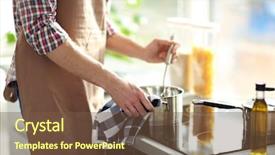  Presentation with cooking equipment kitchen utensils - Colorful PPT theme enhanced with modern grocery - man cooking dinner in bright backdrop and a tawny brown colored foreground