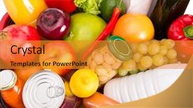  Presentation with modern food - PPT theme having modern grocery - various fruits and vegetables food background and a gold colored foreground
