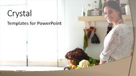  Presentation with desk - Beautiful PPT layouts featuring modern grocery - young woman standing near desk backdrop and a white colored foreground