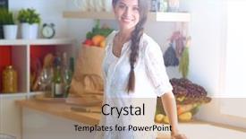  Presentation with business woman standing on maze - Cool new PPT theme with modern grocery - young woman standing near desk backdrop and a  colored foreground