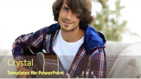  Presentation with guitar - PPT theme featuring modern guy playing guitar sitting on the couch concept of a lifestyle background and a tawny brown colored foreground
