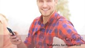  Presentation with smartphone - PPT theme with friendship free downloads - modern guy with a smartphone background and a coral colored foreground