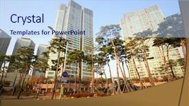  Presentation with highrise building - Amazing PPT theme having modern highrise building on street backdrop and a sky blue colored foreground