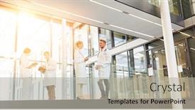  Presentation with nurses - PPT theme enhanced with modern hospital with doctors and nurses in the corridor while talking background and a light gray colored foreground