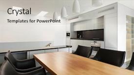  Presentation with dining table - Audience pleasing slide set consisting of modern house white kitchen view from dining table backdrop and a light gray colored foreground