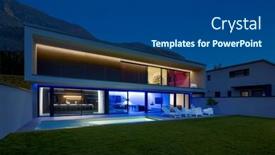  Presentation with swimming pool - Presentation theme featuring modern-house-with-swimming-pool background and a ocean colored foreground