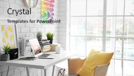  Presentation with interior designer - Presentation theme enhanced with modern interior of designer workplace background and a light gray colored foreground
