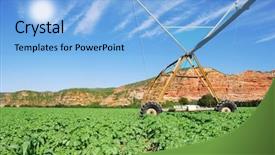  Presentation with irrigation - Amazing PPT layouts having modern irrigation system watering a potato field on a farm backdrop and a light blue colored foreground