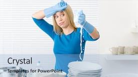  Presentation with kitchen - Presentation theme consisting of modern kitchen - frustrated woman washing background and a light blue colored foreground