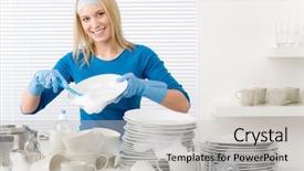  Presentation with kitchen - Presentation design having modern kitchen - happy woman washing background and a light gray colored foreground