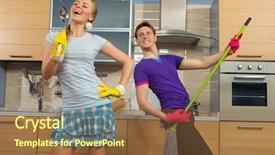  Presentation with pretend - PPT layouts enhanced with modern kitchen - woman pretend to sing song with ladle and smiling young man cleaning the floor at home and play like guitar with mop background and a tawny brown colored foreground