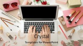  Presentation with blogger - Beautiful presentation design featuring modern laptop and different women backdrop and a soft green colored foreground