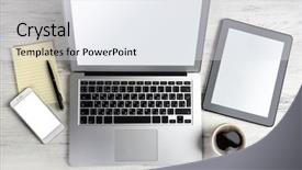  Presentation with ict modern laptop - Colorful PPT theme enhanced with modern laptop mobile phone tablet backdrop and a sky blue colored foreground