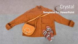  Presentation with leather shoes - Slide deck having modern leather female bag leather snake shoes jacket isolated-gray background background and a coral colored foreground