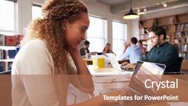  Presentation with desk in line - Amazing slide deck having modern library - businesswoman using laptop at desk backdrop and a  colored foreground