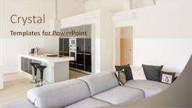  Presentation with stainless steel - Presentation design consisting of modern living room with low sofa and white and black kitchen with island and stools stainless steel hood nobody inside background and a lemonade colored foreground