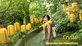  Presentation with stand - Presentation design having modern-mature-asian-woman-stand background and a tawny brown colored foreground