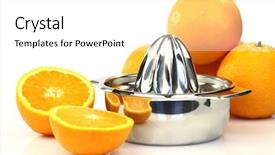  Presentation with press - Beautiful PPT theme featuring modern metal citrus press with a cut orange and some whole oranges backdrop and a white colored foreground
