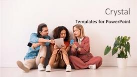  Presentation with ethnic - PPT theme with modern-multi-ethnic-friends-sitting background and a sky blue colored foreground