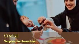  Presentation with feast - Presentation theme with modern-multiethnic-muslim-family-sharing background and a tawny brown colored foreground