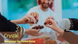 Presentation with feast - Presentation theme consisting of modern-multiethnic-muslim-family-sharing background and a tawny brown colored foreground