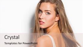  Presentation with tank - Audience pleasing PPT theme consisting of modern natural beauty blonde straight hair girl in white top tank studio shot white background backdrop and a lemonade colored foreground