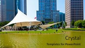  Presentation with green building - Beautiful presentation theme featuring modern office building and green park in shanghai china backdrop and a gold colored foreground