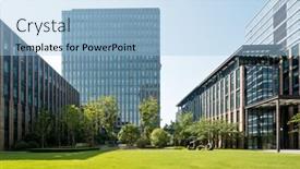  Presentation with office buildings - Colorful slide deck enhanced with modern office buildings near meadow in midtown of hangzhou backdrop and a light blue colored foreground