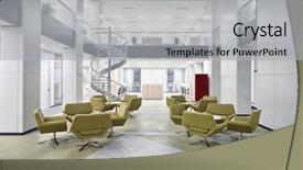  Presentation with lobby - Presentation theme featuring modern office lobby hall interior background and a light gray colored foreground