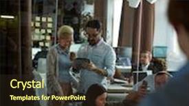  Presentation with office room - Presentation enhanced with modern office room made in warm brown tones filled with creative business people busy discussing plans and working at computers shot from behind glass wall background and a wine colored foreground