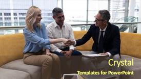  Presentation with executive business negotiation skills - Slide deck with modern office they are smilling background and a tawny brown colored foreground